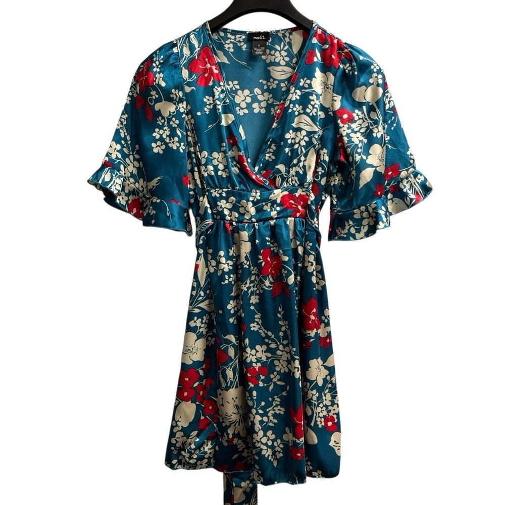 Vintage Y2K Rue 21 Dress Blue Asian Floral Satin Babydoll Mini Size S Whimsy 90s